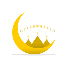 Pyramid triangle on yellow crescent moon with moon different phases or lunar phases mysterious astrology magic boho on white background flat vector design icon.