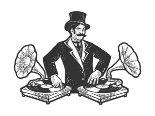 Old fashioned DJ disc jockey at mixer console with vintage gramophones phonograph sketch engraving vector illustration. T-shirt apparel print design. Black and white hand drawn image.
