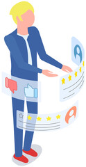 Male character gives feedback. Customer votes on satisfaction ratings and leaves reviews. Customer support service and user experience concept. Man near quality assessment, star rating system