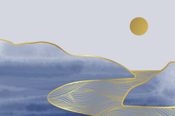 Blue mountain gold line art landscape. Oriental Luxury abstract Watercolor Mountains and river with golden pattern background vector. Wallpaper, wall art design for home decor and prints.