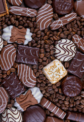 Vertical Composition of chocolate chip cookies of various shapes and chocolates and coffee grains or beans, top view