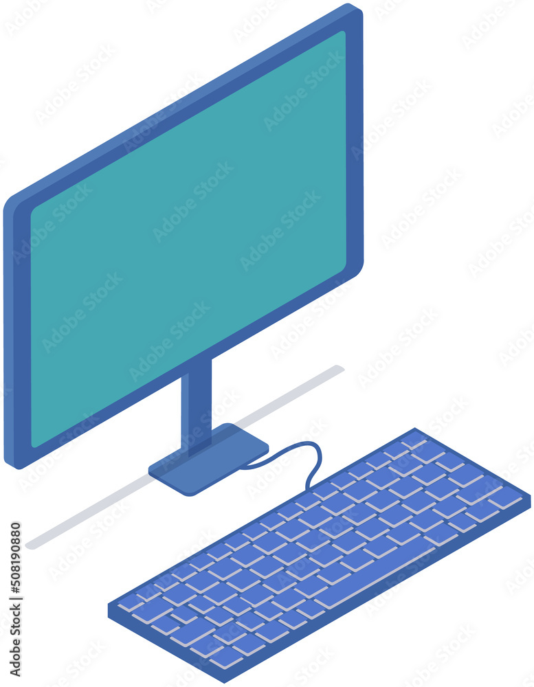 Poster desktop with monitor and keyboard for typing. equipment for workplace at home or office isolated on 