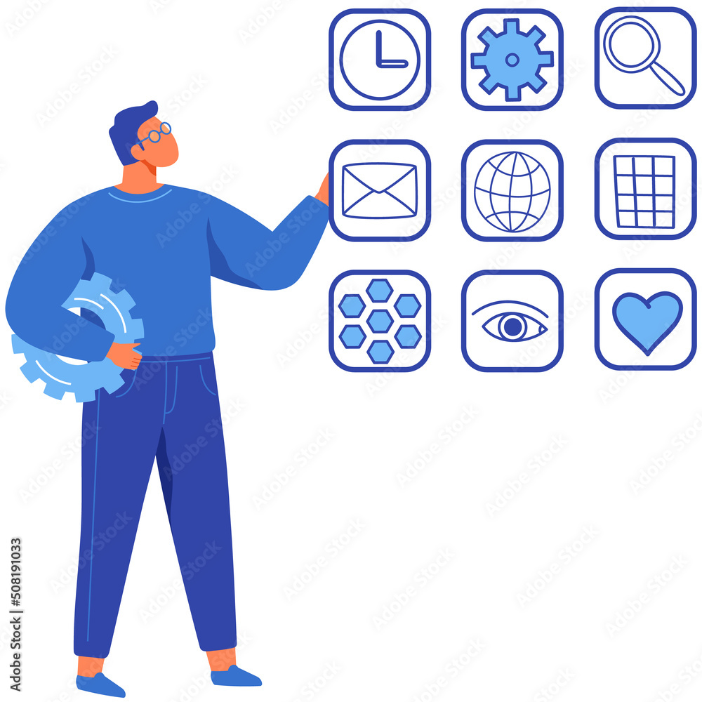 Poster arrangement of program shortcuts, applications. computer or smartphone home screen icons. man lookin