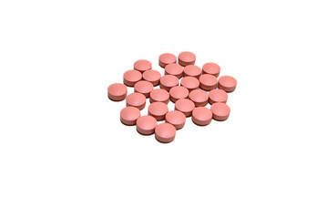 Selective focus of a handful of pills on white background. Pharmacist. Medicine