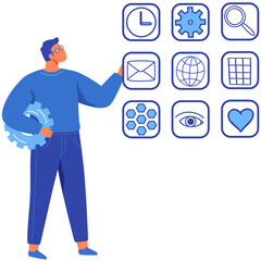 Arrangement of program shortcuts, applications. Computer or smartphone home screen icons. Man looking at symbols of modern device, digital technology programs. Guy working with technical software
