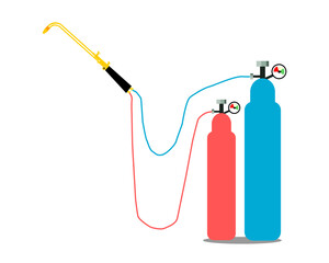 oxy acetylene welding (OAW). Oxy acetylene gas tank, cutting torch, manometer.  Gas welding Oxy acetylene welding using for manufacturing, cutting metal, joining metal. flat design vector illustration