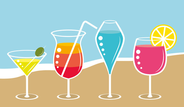 Colorul fresh cocktails on the beach. Vector illustration.