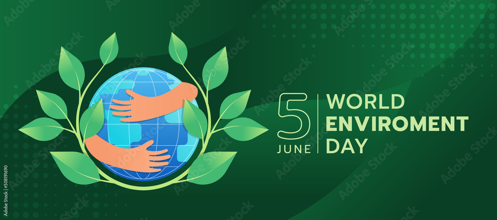 Poster world environment day - hands hold hug circle globe with branch and leaves roll around on abstract g