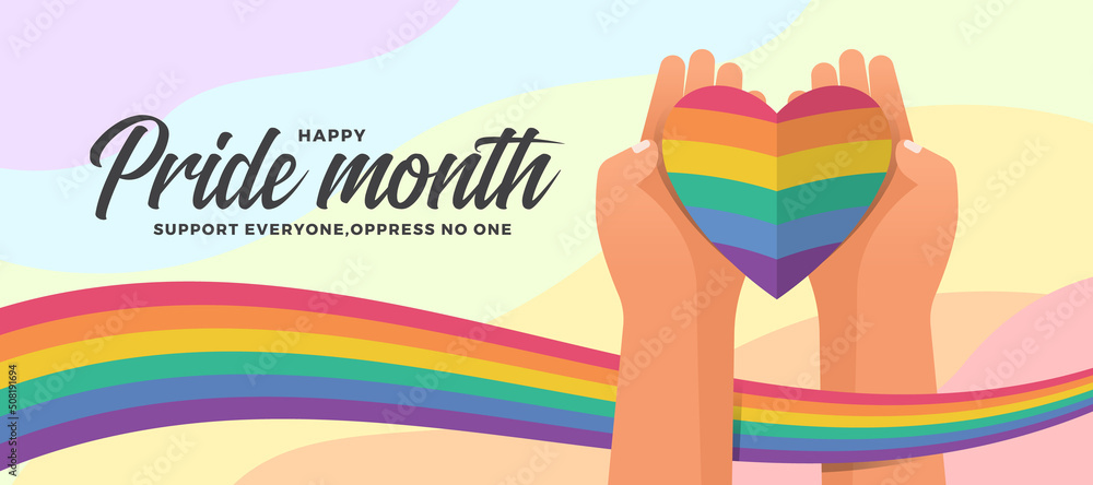 Aufkleber happy pride month - hands hold paper rainbow pride heart with pride flag wave around on abstract cur