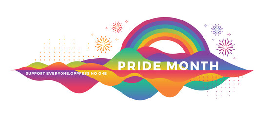 Pride month support everyone oppress no one text in abstract colorful curve mountain with rainbow and firework around vector design