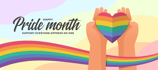 Happy pride month - hands hold paper rainbow pride heart with pride flag wave around on abstract curve colorful texture background vector design - obrazy, fototapety, plakaty