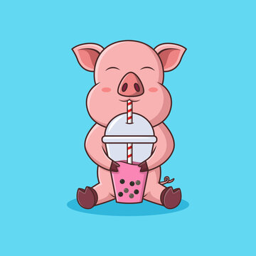 cute cartoon pig drinking pop ice. Vector illustration