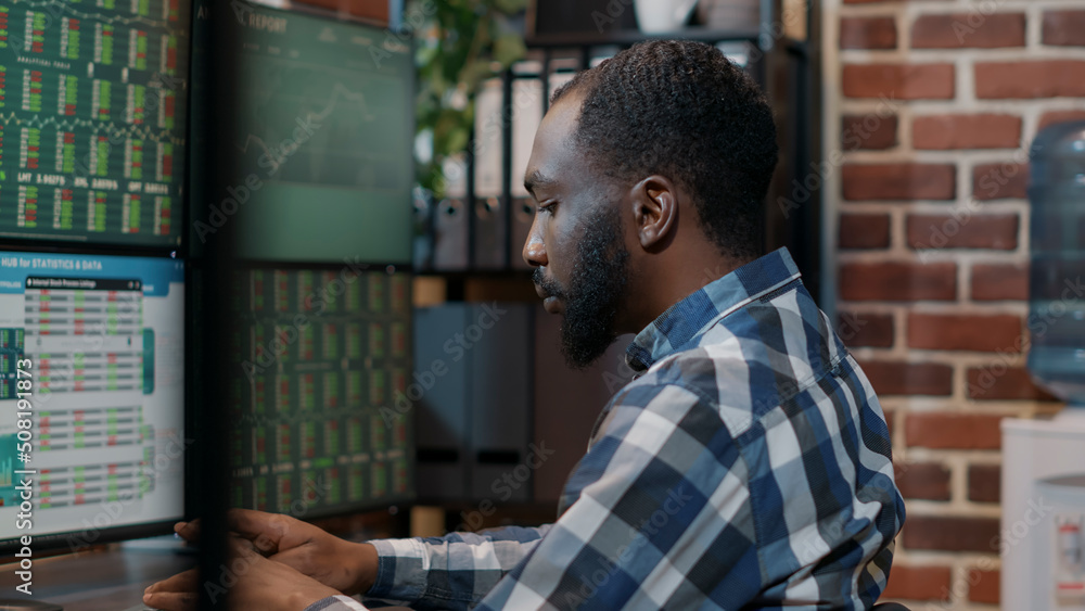 Aufkleber financial analyst working with real time stock numbers, using multi monitors workstation to create b