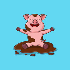 Cute cartoon pig playing mud. Vector illustration