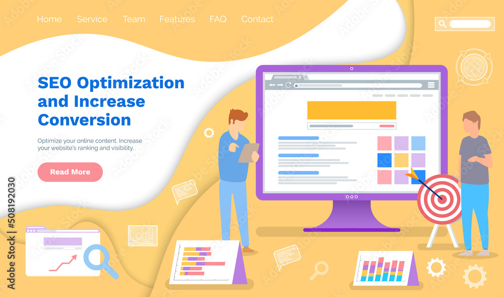 Poster seo optimization and increase conversion with analytics team working with marketing project landing 