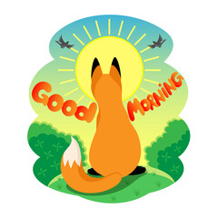 Illustration for good morning with fox on sunrise background.