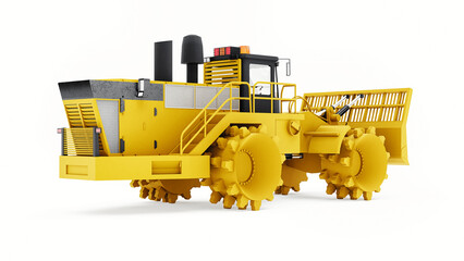 Garbage compactor machine for landfills. A special type of industrial bulldozer for working in landfills. 3d rendering. - obrazy, fototapety, plakaty