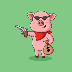 Cute cartoon pig mafia brings money. Vector illustration