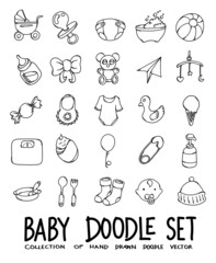 Baby Doodle vector icon set. Drawing sketch illustration hand drawn line eps10
