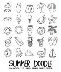 Summer Doodle vector icon set. Drawing sketch illustration hand drawn line eps10