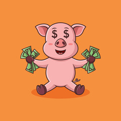 Cartoon pig holding money. Vector illustration