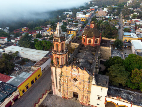 Aerial Shot of An ancient church in Jalpan de Serra, Queretaro. Mexico. Aerial Shot of Franciscan Mission of Jalpan