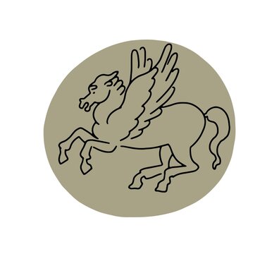 recommend clip art: Old Greek coin with pegasus. Antique money of Ancient Greece. Historical finance of Athens with horse and wings. Seal with stallion. Flat vector illustration isolated on white background
