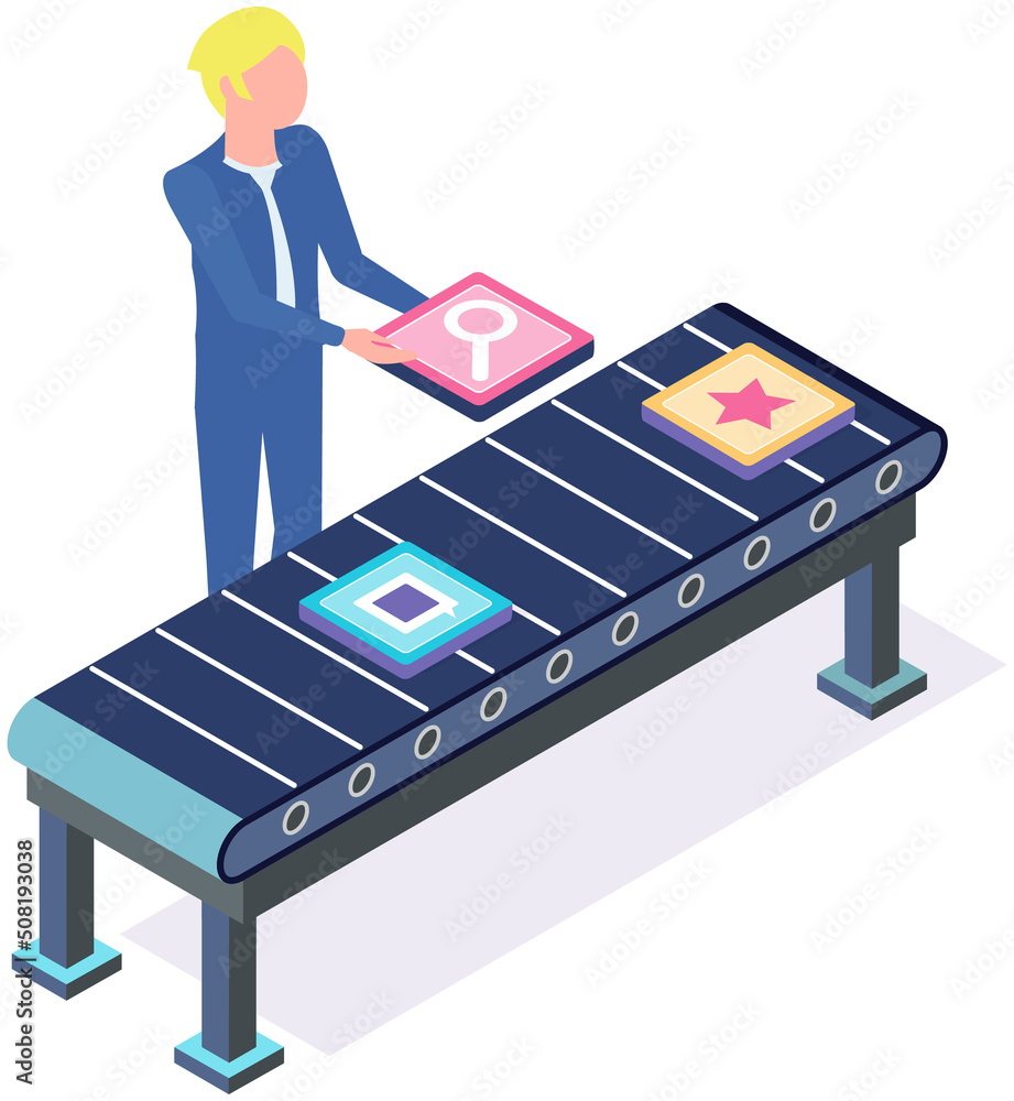 Poster man checks files passing on tape, program conveyor. developer analyzes app icons, colored squares. c
