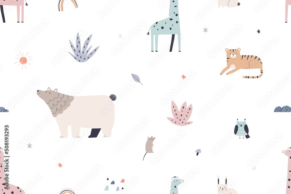 Poster cute scandinavian animals pattern. repeating childish print on seamless endless background. kids tex