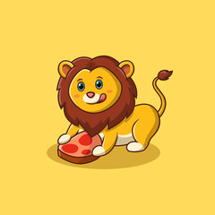 Cute lion cartoon eating meat. Vector illustration