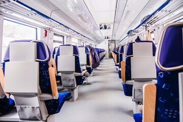 The interior design of a modern train. Empty train interior. Pub