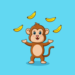 Funny monkey acrobatic throwing banana. Isolated chimpanzee cartoon character. Vector illustration