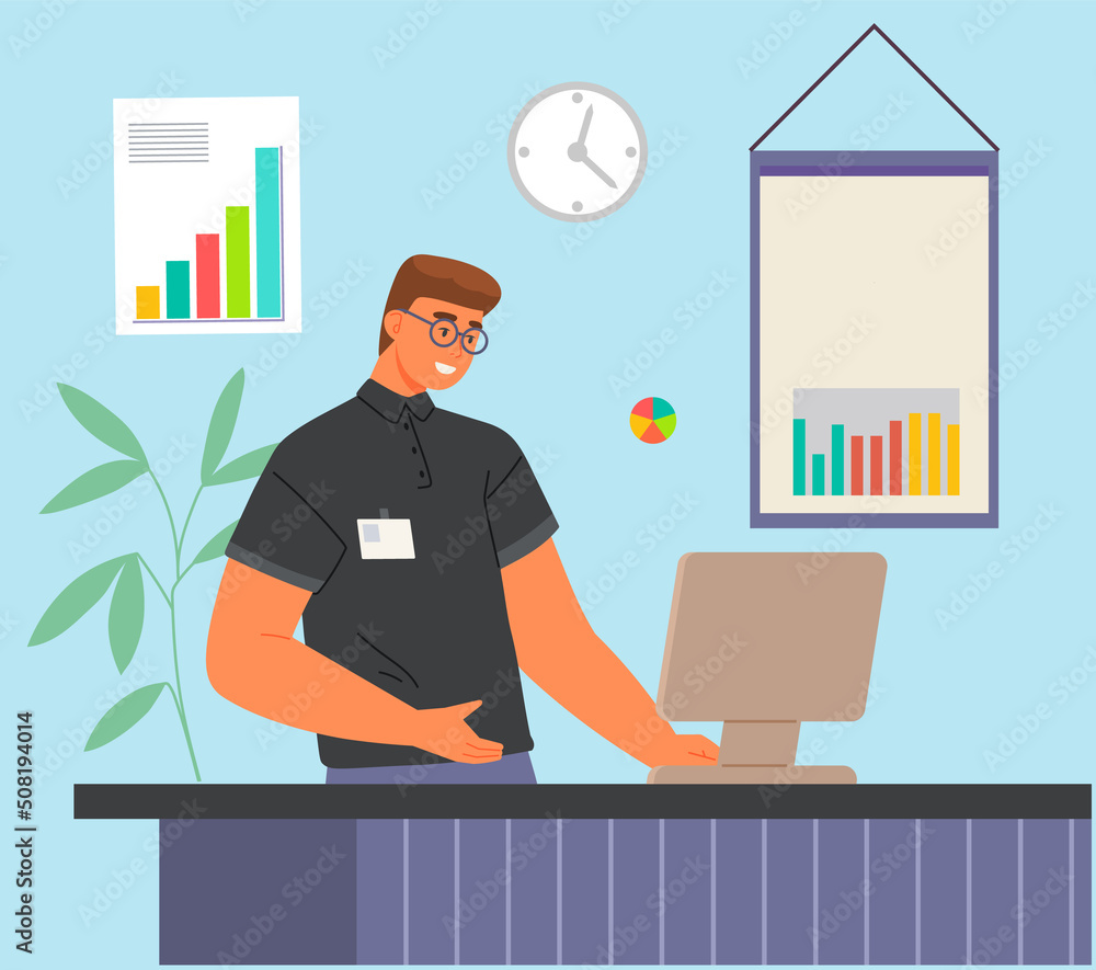 Aufkleber man studies financial business statistics report on computer. business data analysis, financial rese