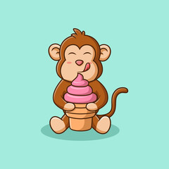 Cute cartoon monkey eating ice cream. Vector illustration