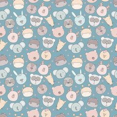 Baby seamless pattern with hand drawn animals. Seamless background with cute animals head. childish style great for fabric and textile, wallpapers, backgrounds.
