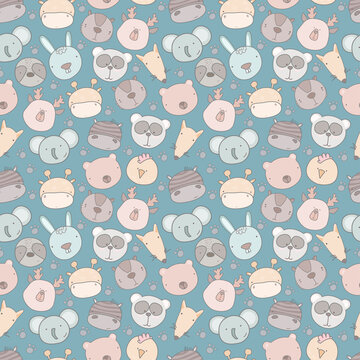 Baby seamless pattern with hand drawn animals. Seamless background with cute animals head. childish style great for fabric and textile, wallpapers, backgrounds.