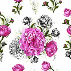 seamless pattern of decorative flower, leaves. summer Wallpaper of pink peonies in a realistic style. vector pattern for print, textiles,  paper. art vintage style