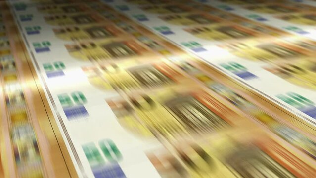 Euro money sheet printing. EUR banknotes loop print. Seamless and looped background concept of finance, economy crisis, inflation and business in Europe.