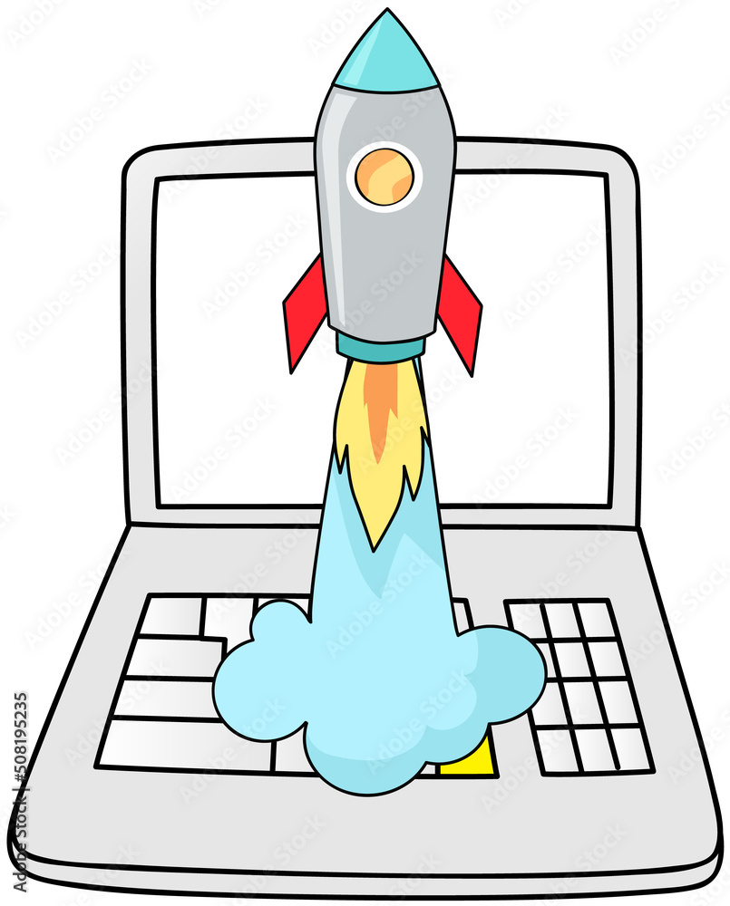 Poster rocket, startup symbol on laptop. start of project, launch new plan, work with computer concept. pla