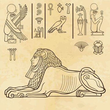 Animation color portrait: Egyptian sphinx body of a lion and the head of a man. Set of hieroglyphs. Vector illustration.  Background - old paper.