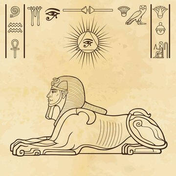 Animation color portrait: Egyptian sphinx body of a lion and the head of a man. Set of hieroglyphs. Vector illustration.  Background - old paper.