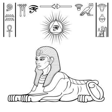 Animation linear portrait: Egyptian sphinx body of a lion and the head of a woman. Set of hieroglyphs. Vector illustration isolated on a white background.