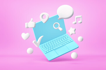 Laptop with application icons and social media icons on purple background