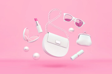White women's bag, purse, lipstick, mirror, sunglasses flying over pink background