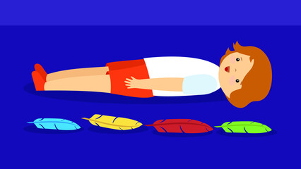 The boy lies on the floor near four colored feathers