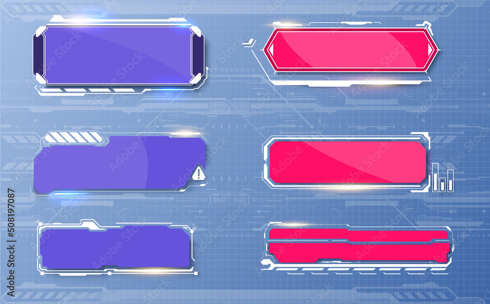 Poster empty rectangular frames or buttons in a futuristic style for the design of the game's user interfac