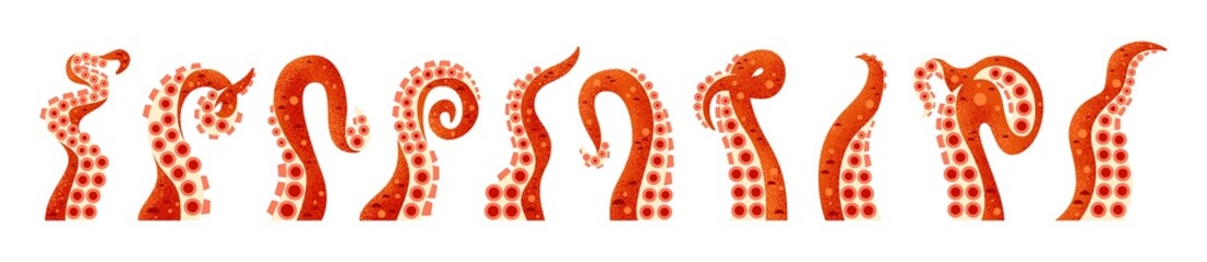 Octopus tentacles set isolated icons. Kraken monster or underwater ocean fish. Vector twisted long limbs with suckers of sea cuttlefish, cephalopods. Geometric flat cardboard design.