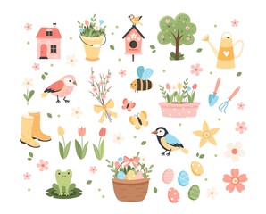 Spring elements collection - cute birds, bees, flowers, butterflies. Easter eggs. Hand drawn flat cartoon elements. illustration