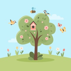 Cherry blossom tree, welcome spring card with cute elements. Hand drawn flat cartoon elements. illustration