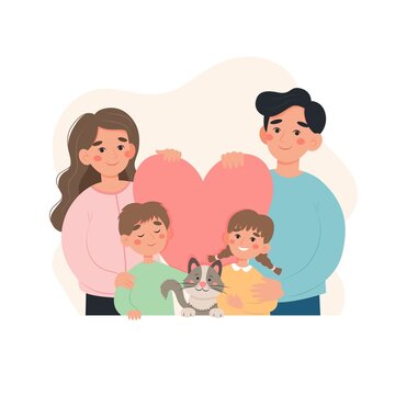 Happy family concept. Parents with kids and cat. Cute illustration in flat cartoon style